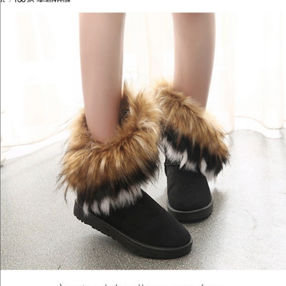 Black faux suede faux furry trim fuzzy boots - Picture 4 of 11